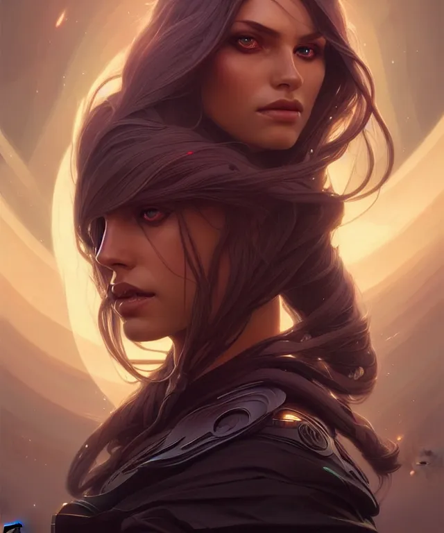 Image similar to futuristic woman portrait, sci-fi, amber eyes, face, long hair, fantasy, intricate, elegant, highly detailed, digital painting, artstation, concept art, smooth, sharp focus, illustration, art by artgerm and greg rutkowski and alphonse mucha