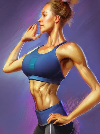 Prompt: a beautiful happy wearing yoga pans at the gym. smiling popular girl. aractive, energetic, cherful. intricate, elegant, highly detailed, digital painting, artstation, cinematic shot, concept art, sharp focus, illustration, by justin gerard and artgerm 8 k
