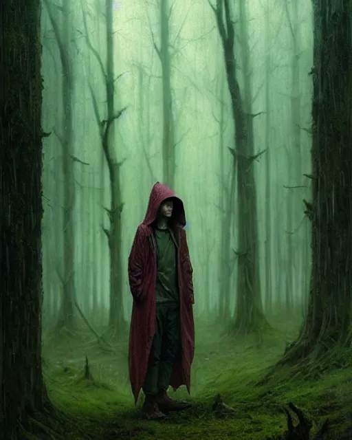 Image similar to portrait Green hooded jacket coat Hunter man elf, long-haired At the rainy forest, ambush, movie still By greg rutkowski, tom bagshaw, beksinski