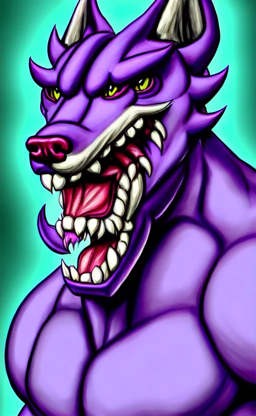 Image similar to painting of an anthropomorphic bulky muscular purple dog, furry style, wearing jeans, deviant art, fursona, professional furry drawing, insanely detailed, bulky husky dragon like face, doing a pose from jojo's bizarre adventure, detailed veiny muscles, exaggerated features, beautiful shading, huge white teeth, grinning, colorful background