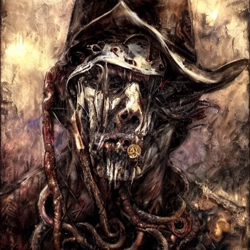 Image similar to portrait of a corrupted eldritch cowboy in a scenic environment by henry asencio, steampunk, lovecraftian, oldwest, abomination, tentacles, eyes