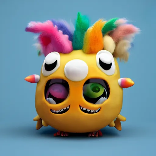 Image similar to A stuffy little cute monster with long hairs，by takashimurakami,TOMOKAZU MATSUYAMA，featured on artstation，blender rendered