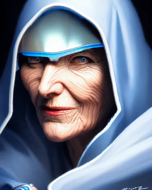 Prompt: ana from overwatch, older woman, gray hair, blue hooded cloak, character portrait, portrait, close up, highly detailed, intricate detail, amazing detail, sharp focus, vintage fantasy art, vintage sci - fi art, radiant light, caustics, by boris vallejo