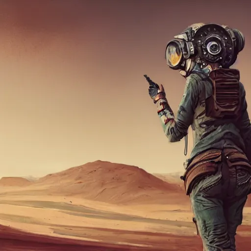 Image similar to tattooed dirty stoic butch heroic emotionless blonde woman engineer in tattered dirty flight suit, very short messy hair, victorian goggles, back pose, crossing primitive hostile alien desert, clouds of red dust, highly detailed, digital painting, artstation, concept art, matte, sharp focus, illustration, art by moebius and artgerm and greg rutkowski