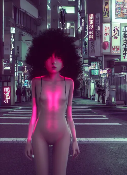 Image similar to demonic girl without head standing in the middle of the crowded tokyo street, photorealistic, canon r 3, symmetry, octane render, unreal engine, dramatic lights