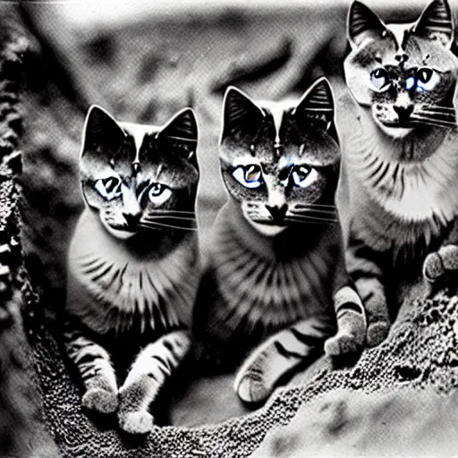 Prompt: an image of cats in british WWI gear waiting in the trenches for the next battle, 4k, photorealism