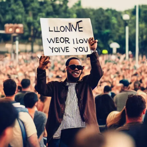 Prompt: man at concert waving placard, stating we love you stevie wonder