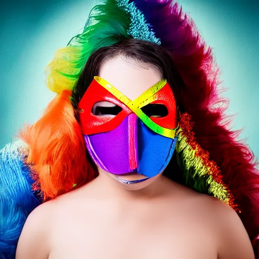 Prompt: a detailed portrait photo of a rainbow themed super hero, super hero costume, super hero mask, cinematic shot