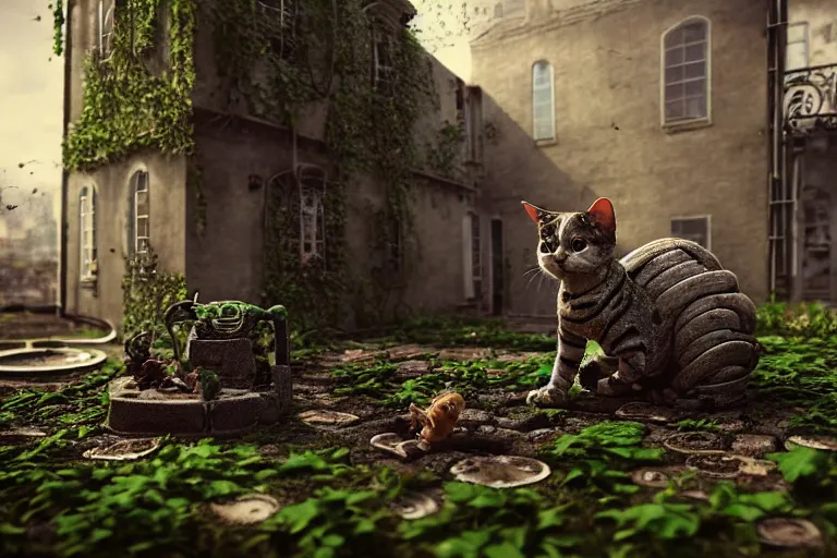 Prompt: Broken cyborg cat sitting on old courtyard with mud and an old playground between two soviet five-storey overgrown with ivy panel houses, high details, cinematic, 8k resolution, beautiful detailed, insanely intricate details, artstation trending, rule of third, octane render, unreal engine