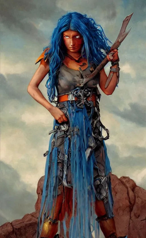 Image similar to little angry girl with blue hair, warrior dress, by gerald brom