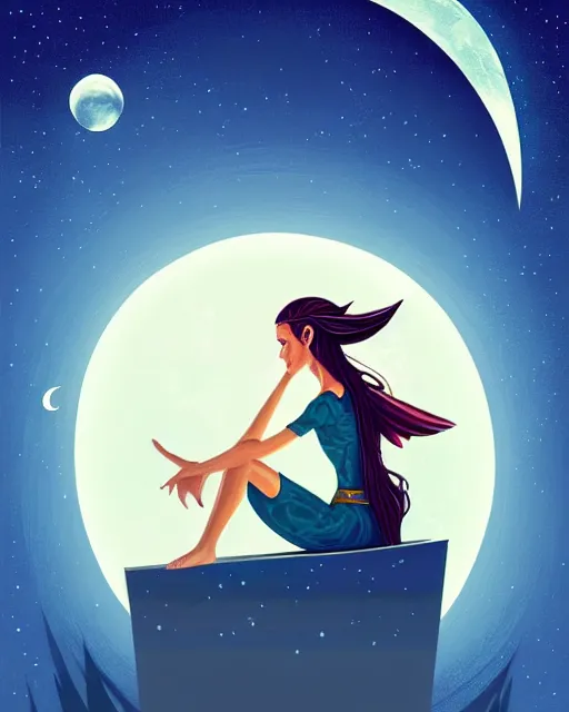 Prompt: beautiful painting of elven sitting on her flying bed and looking at the moon, petros afshar, illustration, highly detailed, simple, smooth and clean vector curves, no jagged lines, vector art, smooth, artstation