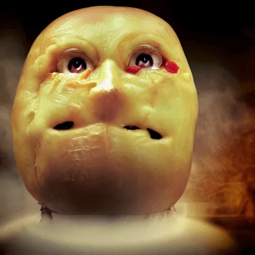 Image similar to evil loaded baked potato face, haunted villain, cinematic, realistic photo, unsettling