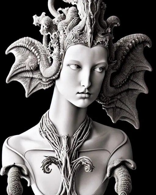 Image similar to dark background, a black and white high quality dreamy photo of a young beautiful female queen-dragon-vegetal-cyborg bust with a very long neck and delicate Mandelbrot fractal face, elegant, highly detailed, flesh highly baroque ornate, hair are curled wired cables, elegant, poetic, soft, dreamy, mysterious, high fashion, rim light, in the style of Ellen von Unwerth, Realistic, Refined, Digital Art, Highly Detailed, Cinematic Lighting, rim light, black and white, photo-realistic, 8K