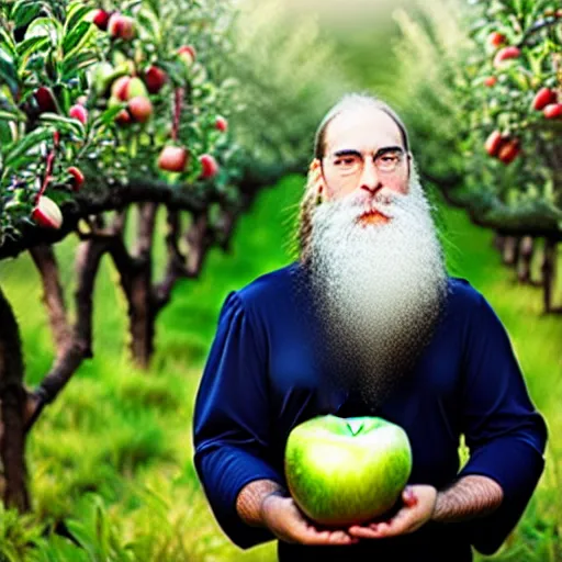 Image similar to beautiful professional portrait photograph of a wizard with a very long beard brewing potions in an apple orchard