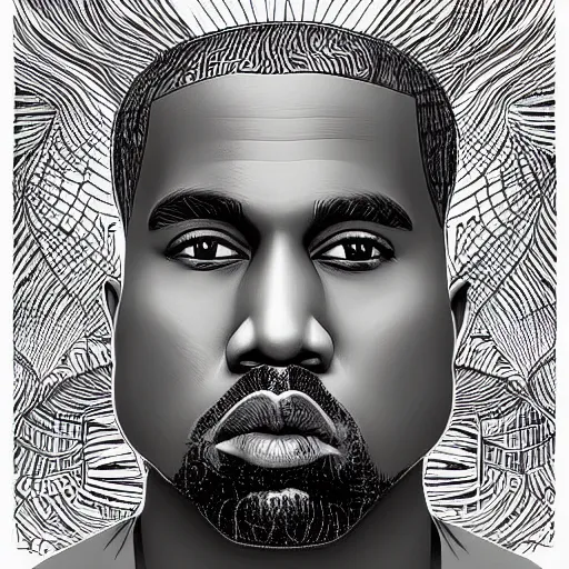 Image similar to Geometrically surreal Kanye West, extremely high detail, photorealistic, intricate line drawings, dotart, album art in the style of James Jean