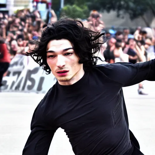 Image similar to high quality render of Ezra miller looking insane and running away from police. 4k