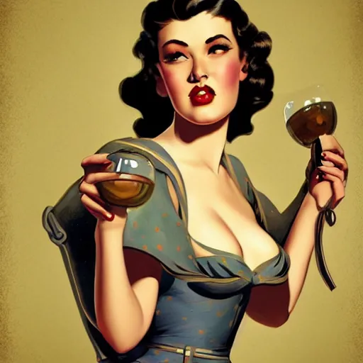 Image similar to an illustration in the style of gil elvgren and in the style of charlie bowater.