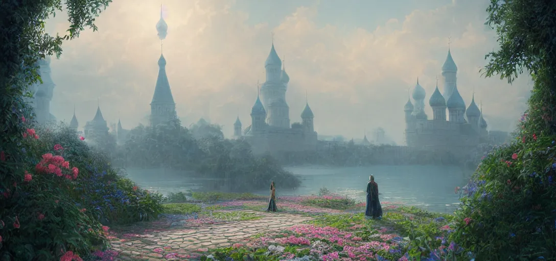 Image similar to vanishing point, palace like the kremlin in distance on a lake is covered with aqua blue roses, viewed from afar, stephen bliss, misty, unreal engine, fantasy art by greg rutkowski, loish, ferdinand knab, and lois van rossdraws,, global illumination, radiant light, minimalist, detailed and intricate environment