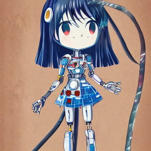Image similar to Anime manga robot!! Anime girl, cyborg girl, exposed wires and gears, fully robotic!! girl, manga!! in the style of Junji Ito and Naoko Takeuchi, cute!! chibi!!! Schoolgirl, epic full color illustration, full body illustration