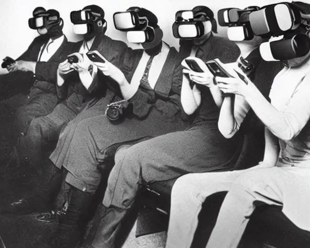 Image similar to 1 9 0 0 s photo of people using iphones ipods virtual reality headsets vr in a movie theater masterpiece