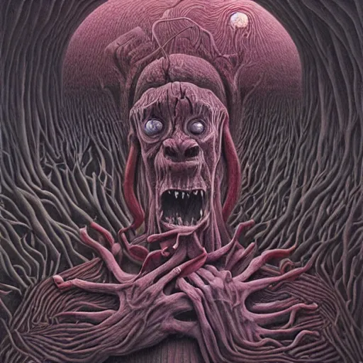 Image similar to a hyperrealistic brightly colored painting of a psychedelic alien nightmare, by john kenn mortensen and zdzislaw beksinski and alex grey, highly detailed, vivid color,