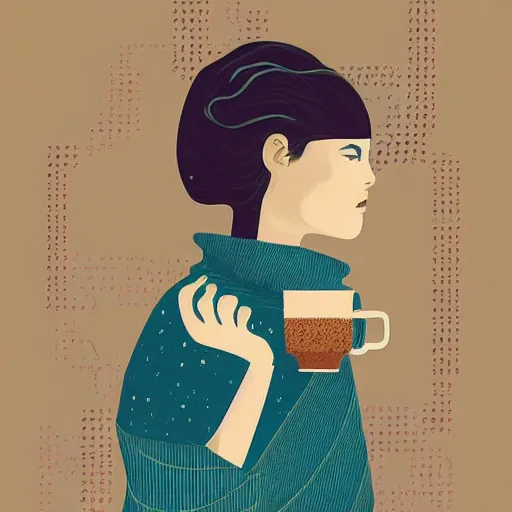 Prompt: illustration a girl drink a coffee, by malika favre and victo ngai