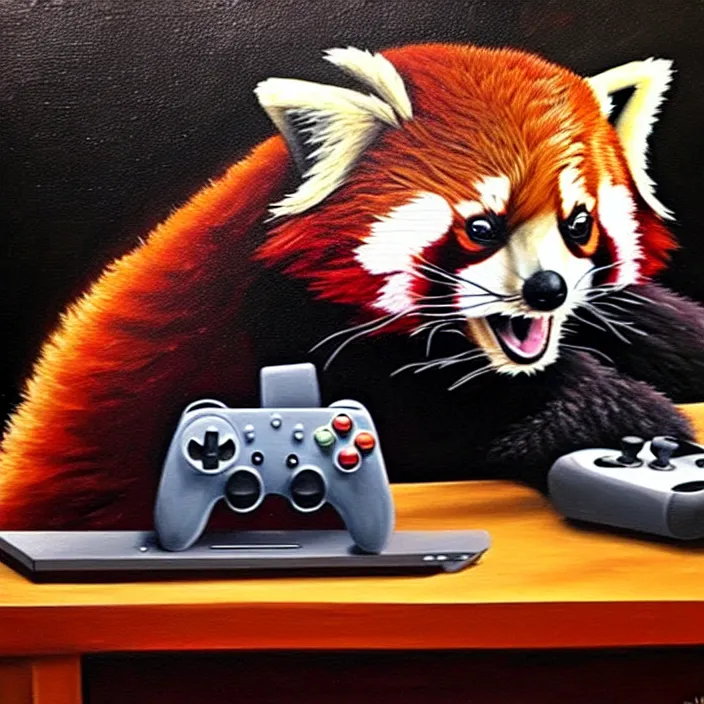 Prompt: an oil painting of a red panda playing video games on a pc, furry, gamer, oil on canvas, cute, highly detailed, soft lighting, pretty