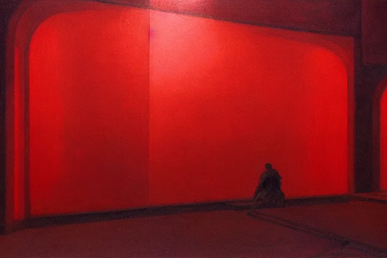 Image similar to only with red, crowd screaming, an exposed painting in a roman theater, in the style of beksinski, parts by edward hopper, parts by rodcenko, parts by yue minjun, intricate and epic composition, red by caravaggio, insanely quality, highly detailed, masterpiece, red light, artstation, 4 k