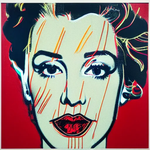 Image similar to female portrait in oil by james jean, by andy warhol, by roy lichtenstein