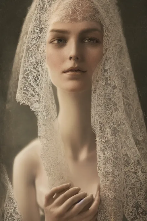 Image similar to a beautiful ultradetailed vintage photo of a veiled cyborg, by tom bagshaw and anna dittman, embroidered lace chapel veil, portrait, vignette, 3 5 mm lens, golden ratio composition, detailed face, studio photography, very detailed, humanoids, industrial robots, artstation, 8 k, highly coherent