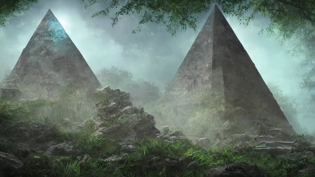 Prompt: Ruins of an ancient alien pyramid in the middle of an overgrown forest, dreamscape, dramatic lighting, fantasy art illustration, trending on artstation, Aetherpunk