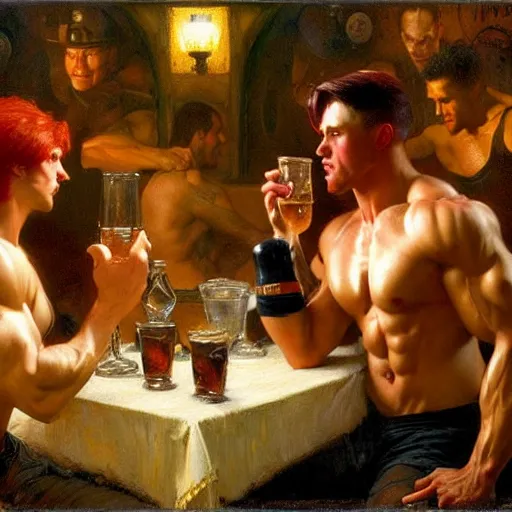 Image similar to attractive muscular mike with red hair with muscular attractive tyler with black hair, drinking their hearts out, in a pub. very defined and highly detailed painting by gaston bussiere, j. c. leyendecker, craig mullins 8 k