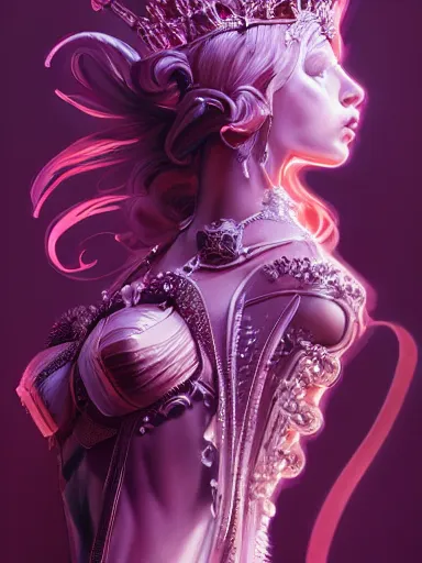 Image similar to pink portrait of young beautiful female angel queen Lena Anderson head wearing shiny pink crown, subtle purple accents, hyper details, black metal rococo, sculpted by Alex Alice, Craig Mullins, yoji shinkawa, trending on artstation, beautifully lit, Peter mohrbacher, hyper detailed, insane details, intricate, elite, elegant, luxury, ray of light through smoke, CGsociety, hypermaximalist, golden ratio, background urban cityscape, night, neofuture, volumetric, octane render, weta digital, micro details, 3d sculpture