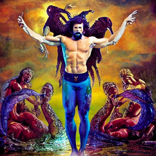 Image similar to balmy by david lachapelle vignetting. a experimental art of hercules after he has completed one of his twelve labors, the killing of the hydra. he is standing over the dead hydra, covered in blood clutching a sword that slew the beast. his face is expressionless.