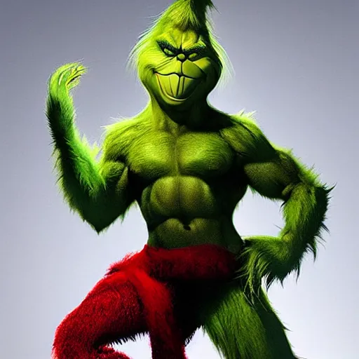 Prompt: The Grinch is a jacked muscle builder gigachad