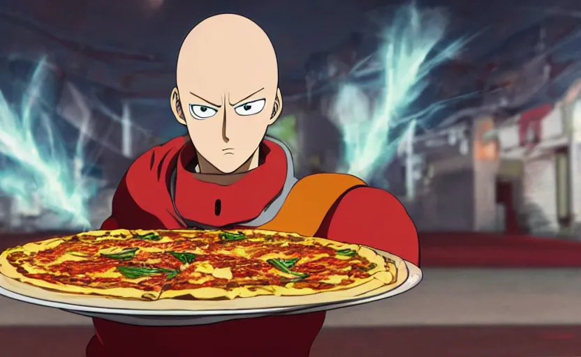 Image similar to Saitama from One Punch Man eating pizza, 8k hdr pixiv dslr photo