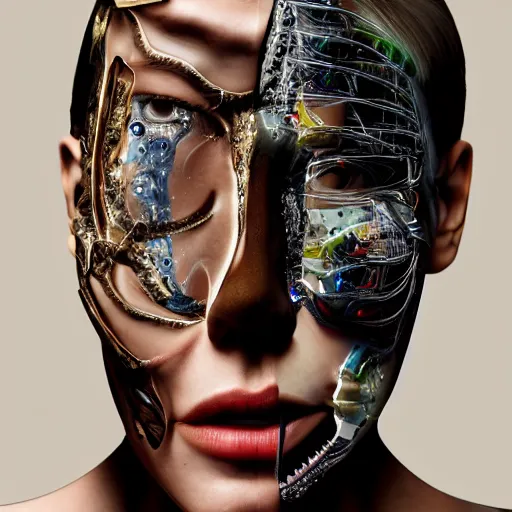 Image similar to A female peeling of her face showing she is a cyborg, hyper realistic, cyborgs, robots, 8k, higly detailed, digital art,