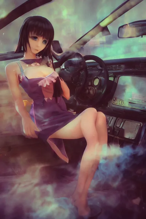 Image similar to art by D. Jun, by Mo Xiang Tong Xiu, Infrared Unreal Engine 3d dark render, cute girls in Japanese maid's clothes and smoking inside a JDM car at night in a parking lot, anime vintage colors, polaroid, foggy, smoke, steam, parov, daz 3d, octane render, trending on artstation, volumetric light, cinematic render, ultra realistic, oil painting