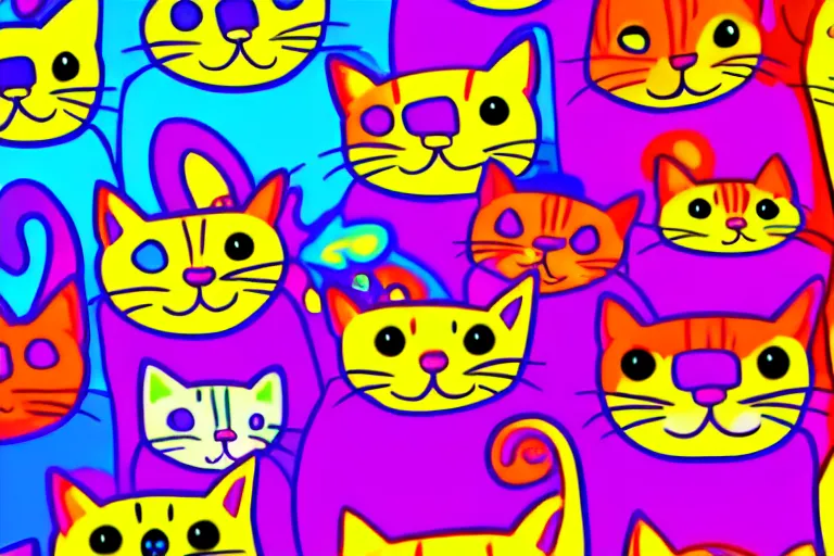 Image similar to bright, colurful, cartoon cats, facing directly, hypersaturated, various colors, ultra detailed, 8 k