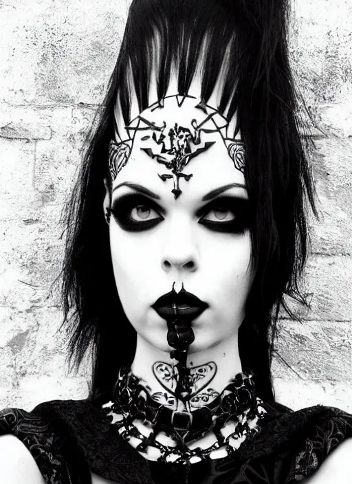 Image similar to black and white photo with a beautiful portrait of a goth girl with piercings in a collar with a mohawk hairstyle in a medieval dress. witch, true goth, makeup.