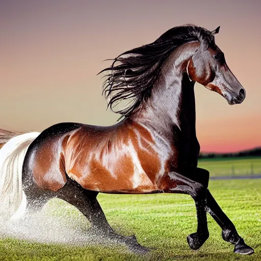 Prompt: horse galloping with a long graceful mane and shimmering coat