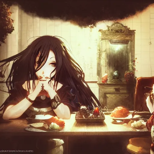 Image similar to goth woman eating dinner color page, tankoban, 4 k, tone mapping, akihiko yoshida, james jean andrei riabovitchev marc simonetti, yoshitaka amano, long hair, curly, h. hydrochaeri