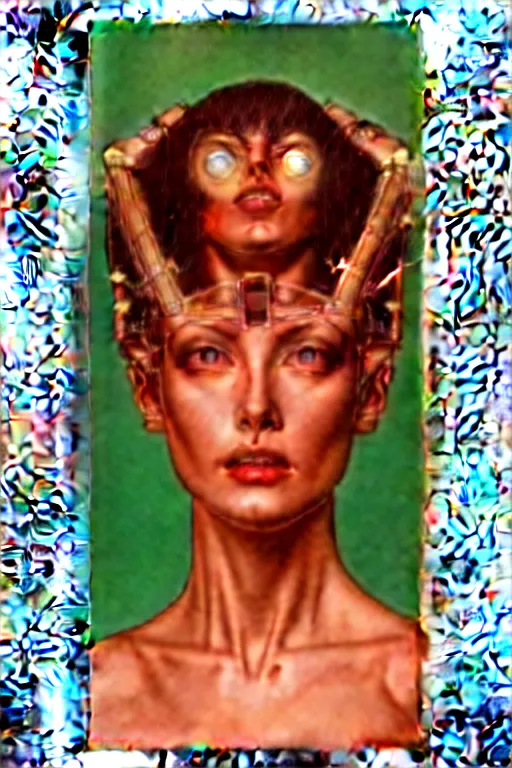 Image similar to cyborg head wrapped in plastic bags by Hajime Sorayama and Artemisia Gentileschi, centered, symmetrical, led, red, bilateral symmetry, 60s poster, polished, lightning, retro dark vintage sci-fi, 2D matte illustration