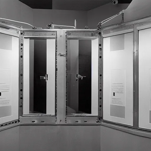 Image similar to decontamination chamber, modern art installation, moma, extremely detailed, black and white photograph