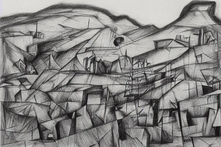 Image similar to abstract landscape pencil drawing art of meercat family towering over tiny xhosa villages. award winning abstract surrealism by william kentridge and escher.
