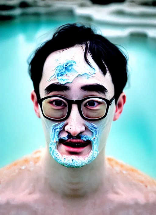 Image similar to Kodak Portra 400, 8K, soft light, volumetric lighting, highly detailed, portrait photo of a Filthy Frank by WLOP, the face emerges from a Pamukkale, thermal waters flowing down white travertine terraces with lotus flowers, inspired by Ophelia paint , blue shirt and hair are intricate with highly detailed realistic beautiful flowers , Realistic, Refined, Highly Detailed, ethereal lighting colors scheme, outdoor fine art photography, Hyper realistic, photo realistic, masterpiece