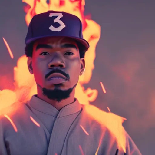 Image similar to cinematic film still of Chance The Rapper starring as a Samurai holding fire, Japanese CGI, VFX, 2022, 40mm lens, shallow depth of field, film photography