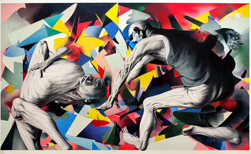 Image similar to decollage painting old man strugling in stillness of the motion by adrian ghenie and takato yamamoto and edward hopper and mark ryden and tsutomu nihei, part by bridget riley, acrylic pour and splashing paint, very coherent, baroque elements, perfect anatomy, intricate design. pop art.