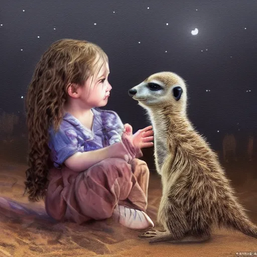 Prompt: 1 year old girl with light brown curly hair playing talking to a meerkat. warm atmospheric lighting. highly detailed digital painting by irina french.