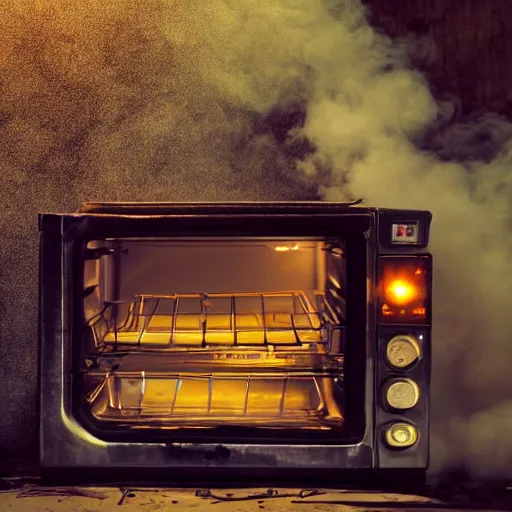 Image similar to cyborg with toaster oven chest, dark messy smoke - filled cluttered workshop, dark, dramatic lighting, orange tint, sparks, cinematic, highly detailed, sci - fi, futuristic, movie still